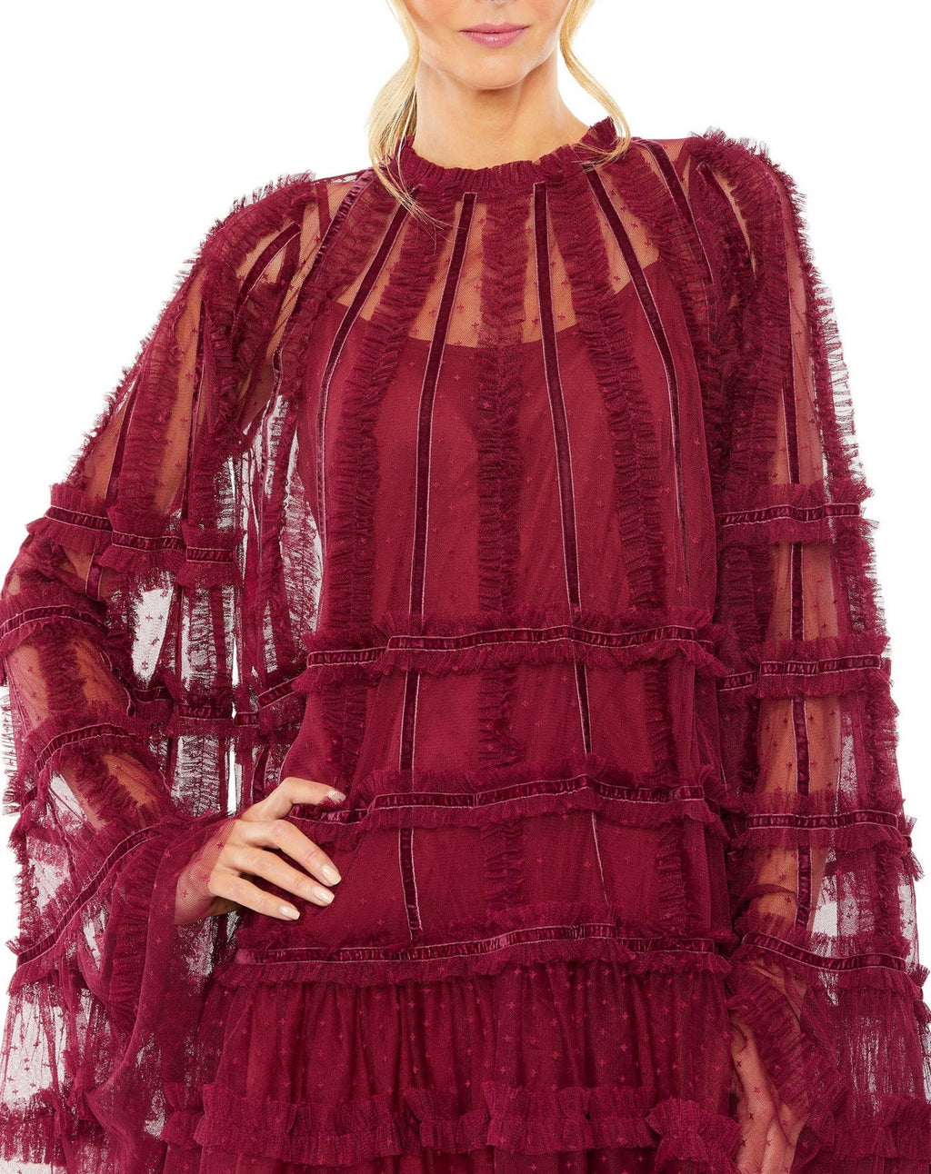 Mac Duggal 8053 High Neck Ruffle Bell Sleeve Trapeze Short Dress
