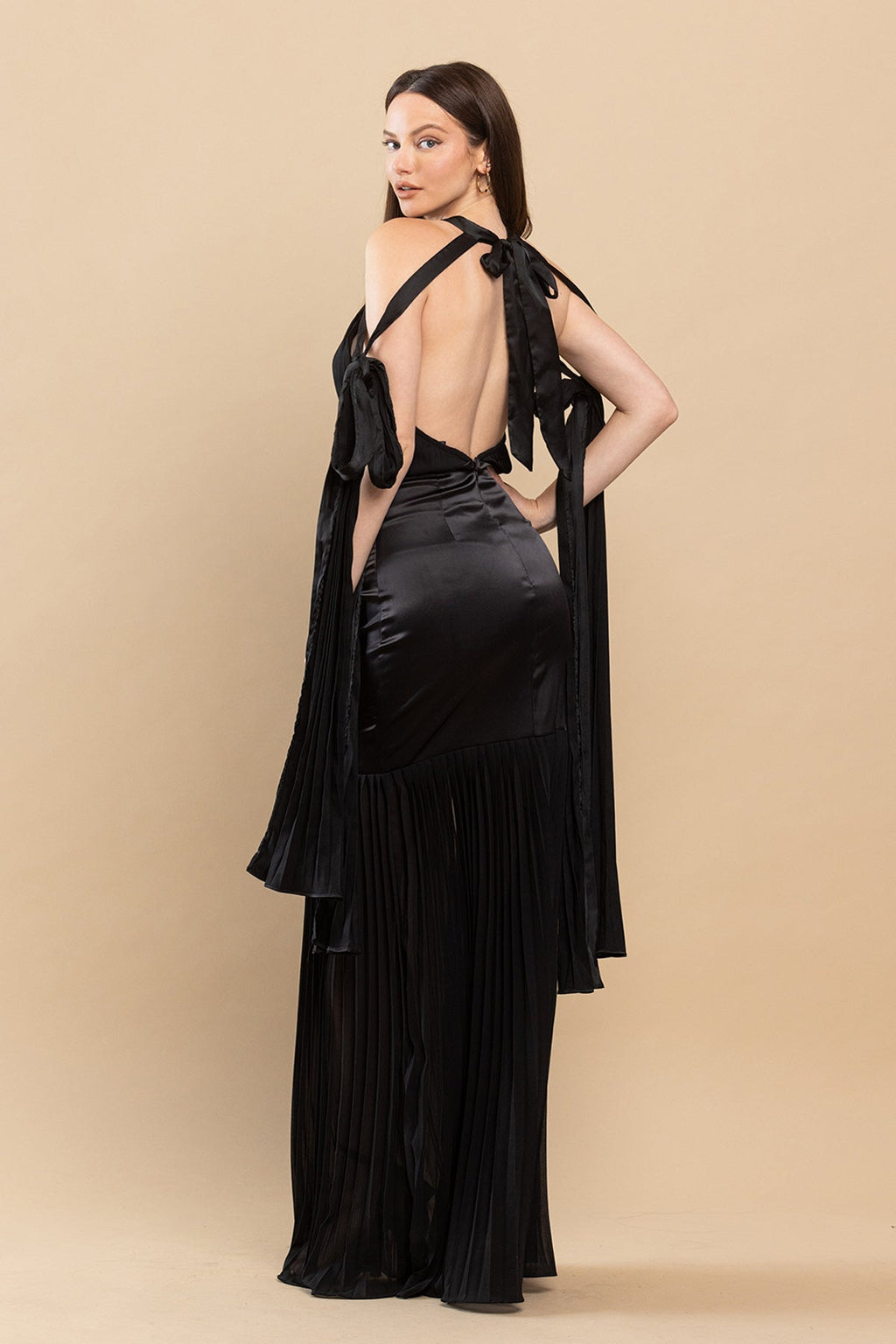 Long Mermaid Pleated Satin Maxi Dress